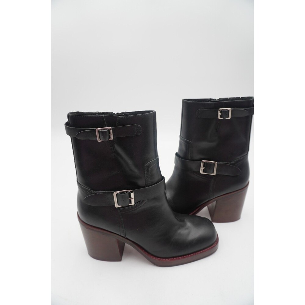 Jeffrey Campbell Black Leather Moto Boots Buckle Block Heel Biker Goth Grunge 40